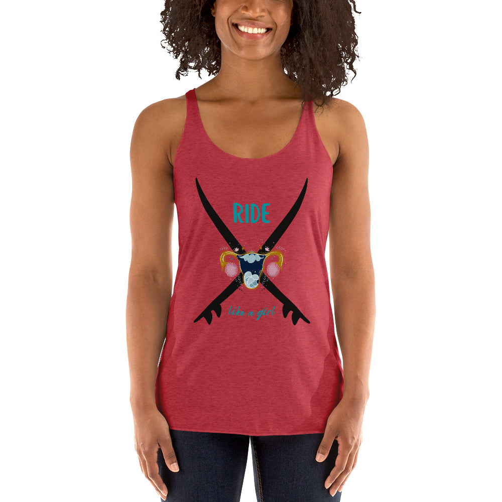 Ride Like a girl, girl power surf Shirt. Red Razor back Tank Top